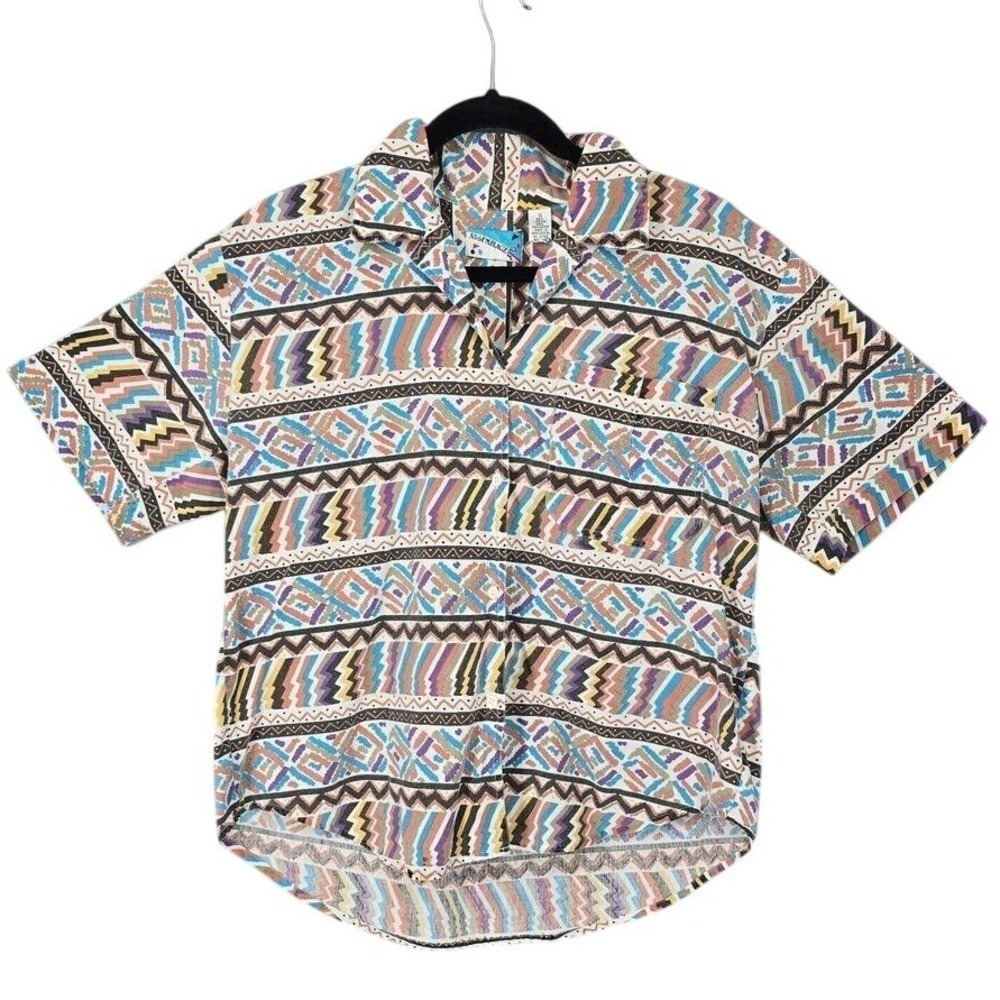 Assemblage Vintage 90s Geometric Tribal Print Short Sleeve Button Up Shirt Small